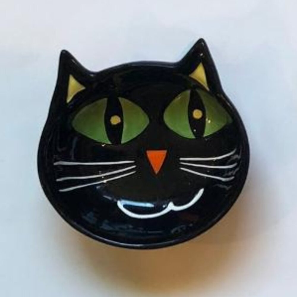 Black Cat face, shallow, ceramic trinket dish,  appx 4.75"x4.5"x1.5"D